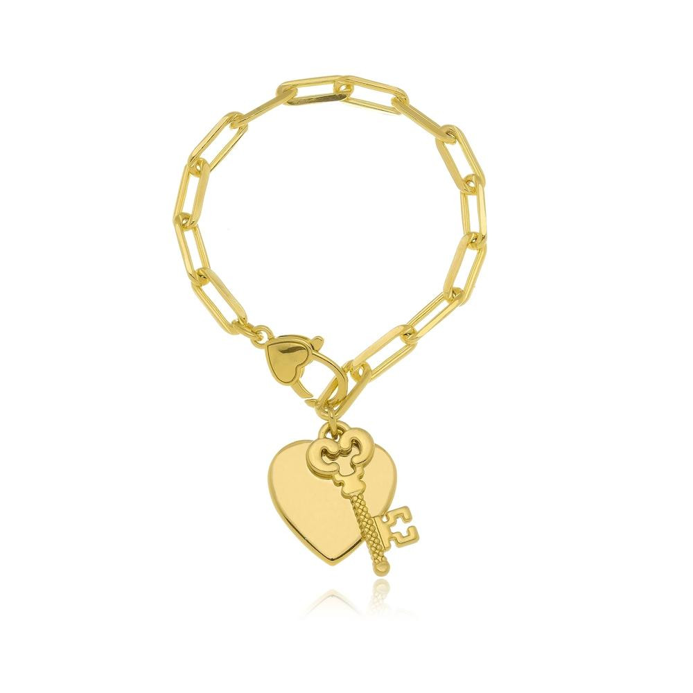 Pulseira fecho de coração com pingente de coração e chave folheado a ouro 18k