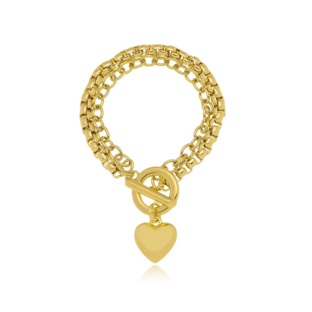 Pulseira Viviany com correntes fecho T e pingente de coração banhado a ouro 18k