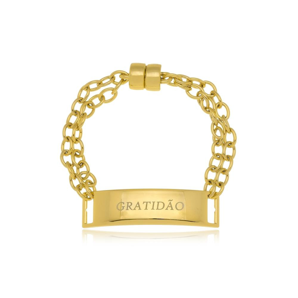 Pulseira de elos com fecho imã e pingente de placa gratidão folheado a ouro 18k