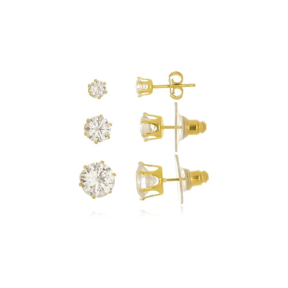 Trio de brincos ponto de luz cravejado com zircônia banhado a ouro 18k