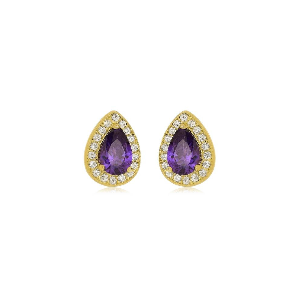 Brinco de gota pequeno cravejado com zircônia e pedra amethyst  folheado a ouro 18k