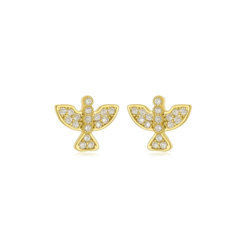 Brinco pequeno com pomba Espírito Santo cravejado com zircônia banhado a ouro 18k