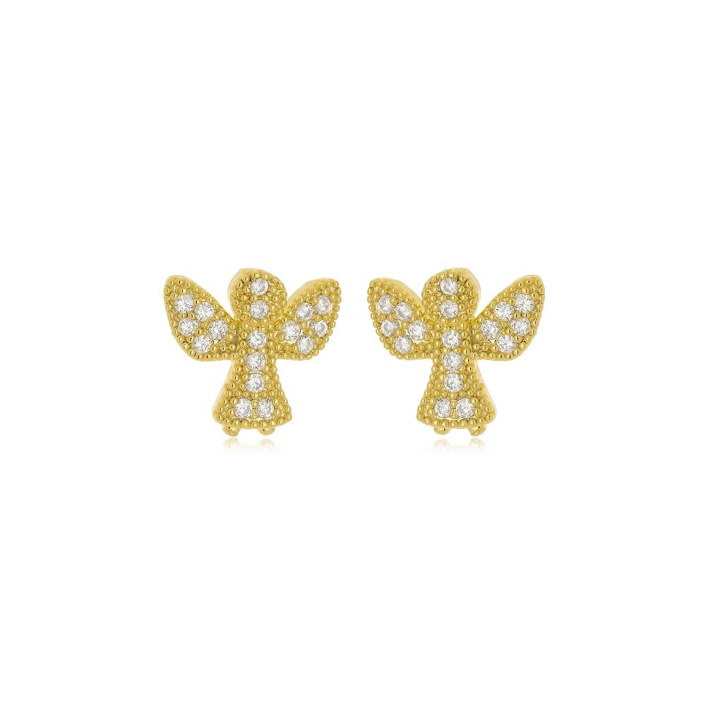 Brinco pequeno de anjinho cravejado banhado a ouro 18k