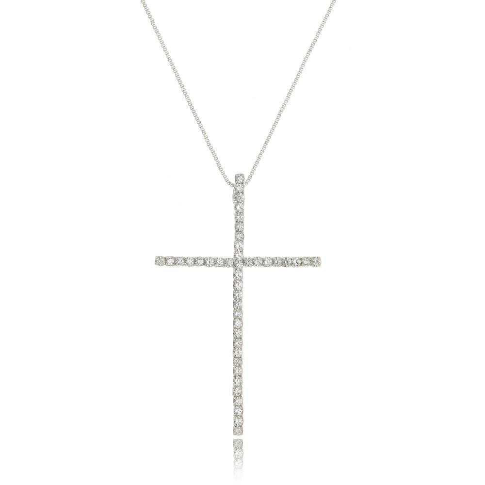 Colar com pingente de Cruz na cor prata ródio branco 