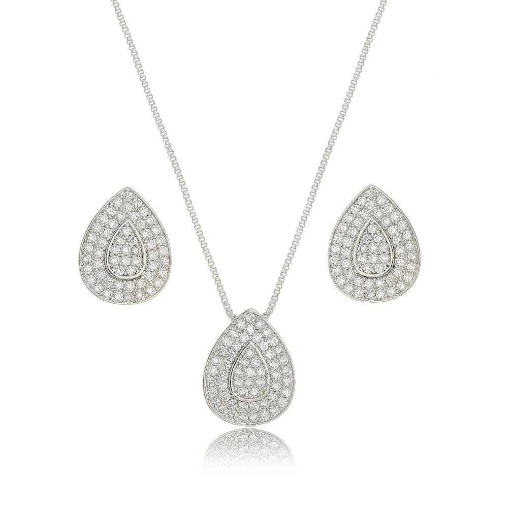 Conjunto de gota cravejado com zircônia na cor prata ródio branco  