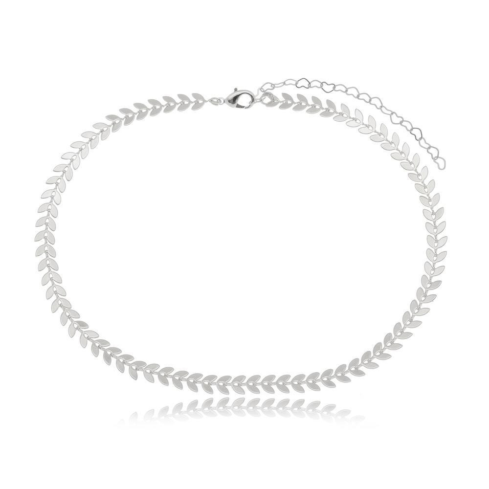 Choker folha escama na cor  prata ródio branco 