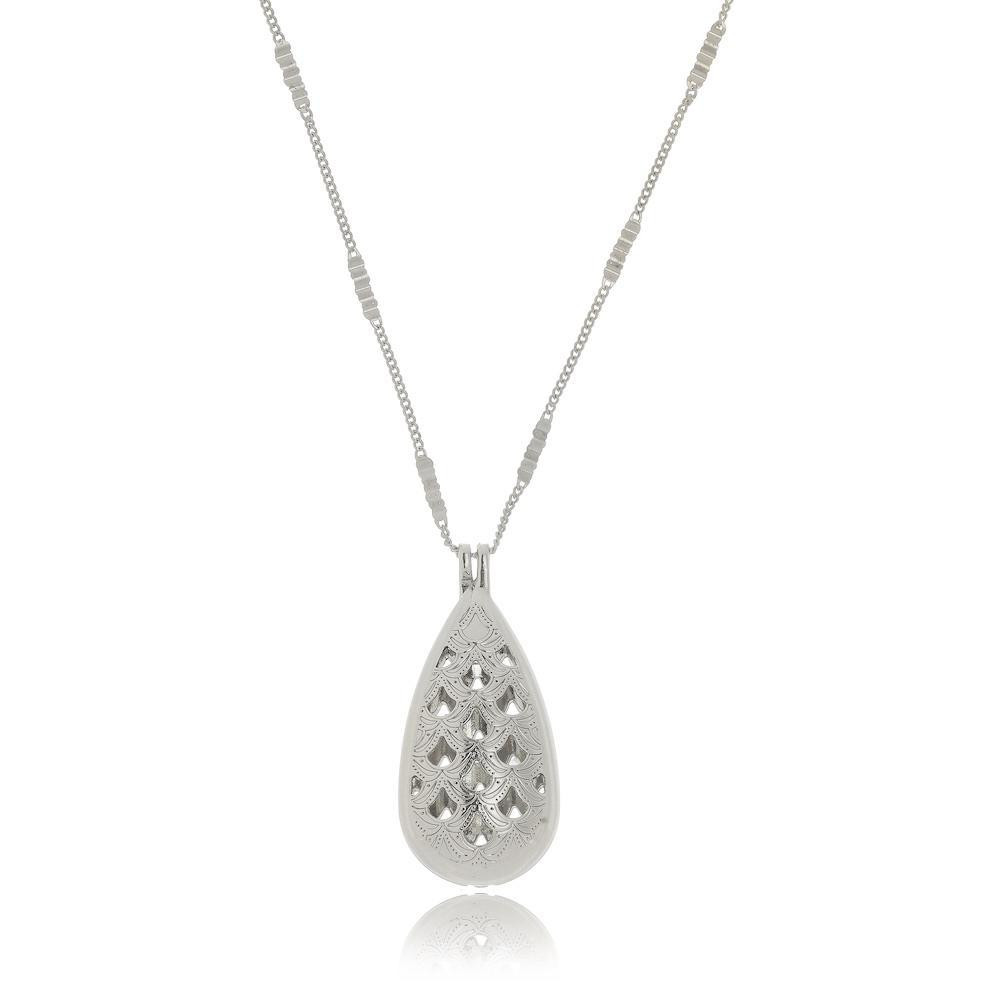 Colar longo perfumeiro difusor com pingente de gota na cor prata ródio branco 