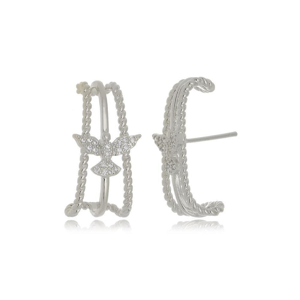 Brinco earhook com pingente de pomba cravejado com zircônia na cor prata ródio branco 