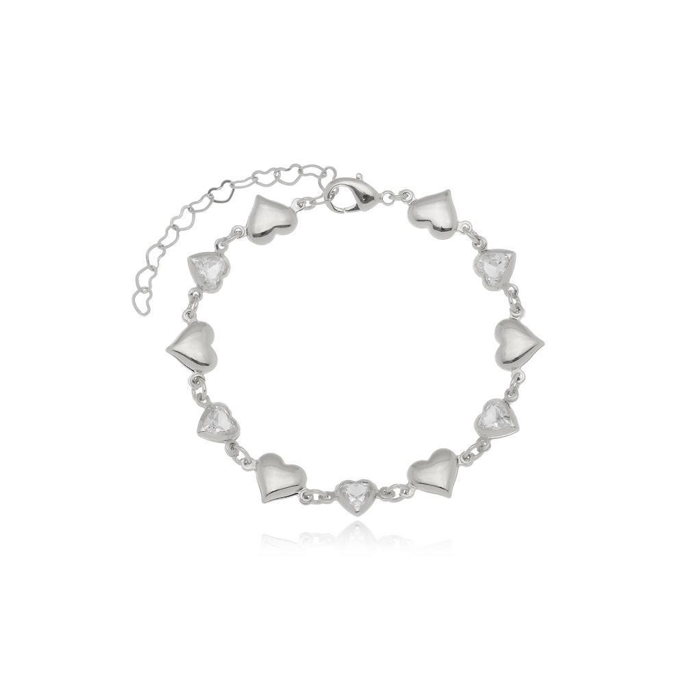 Pulseira de coração liso e cravejado na cor prata ródio branco
