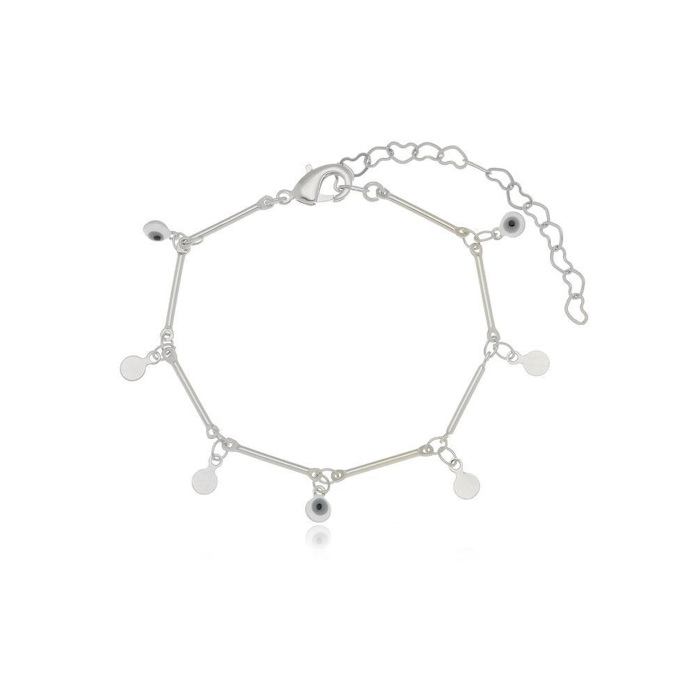 Pulseira minimalista com pingentes e olho grego na cor prata ródio branco