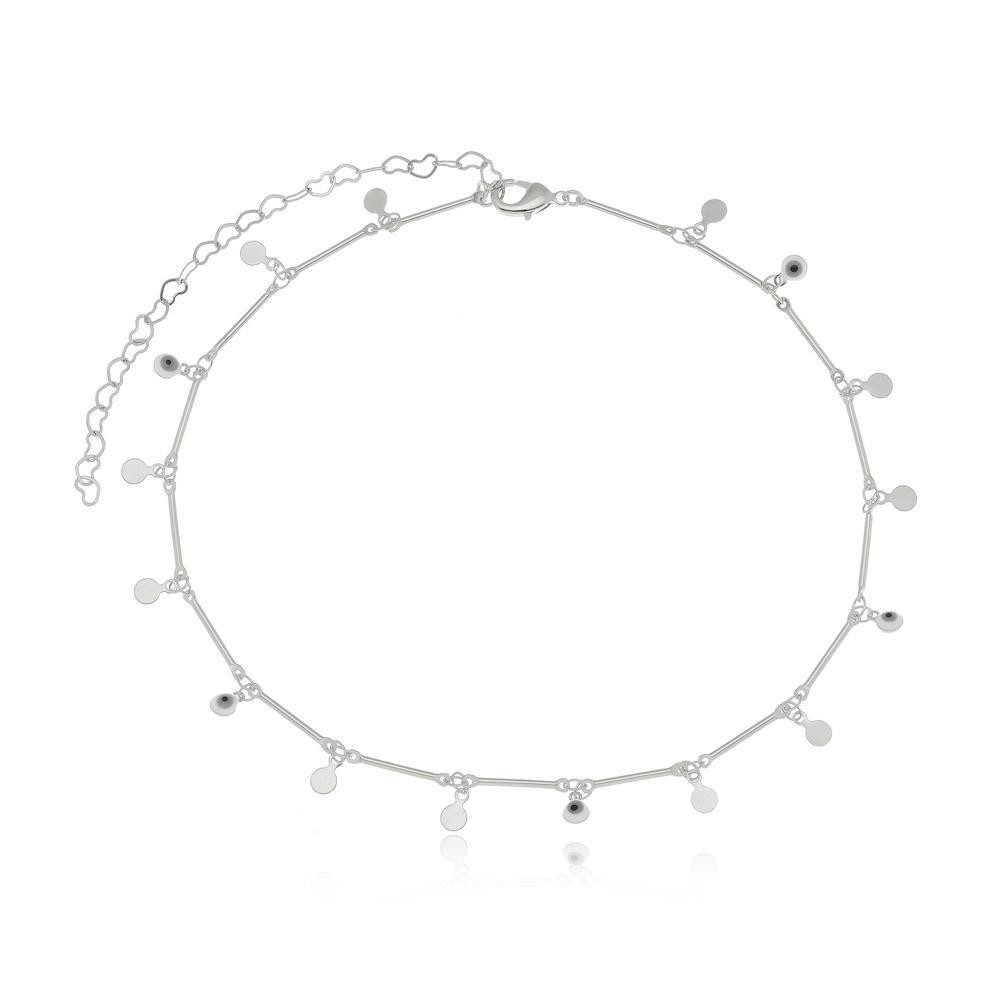 Choker minimalista com pingentes e olho grego na cor prata ródio branco
