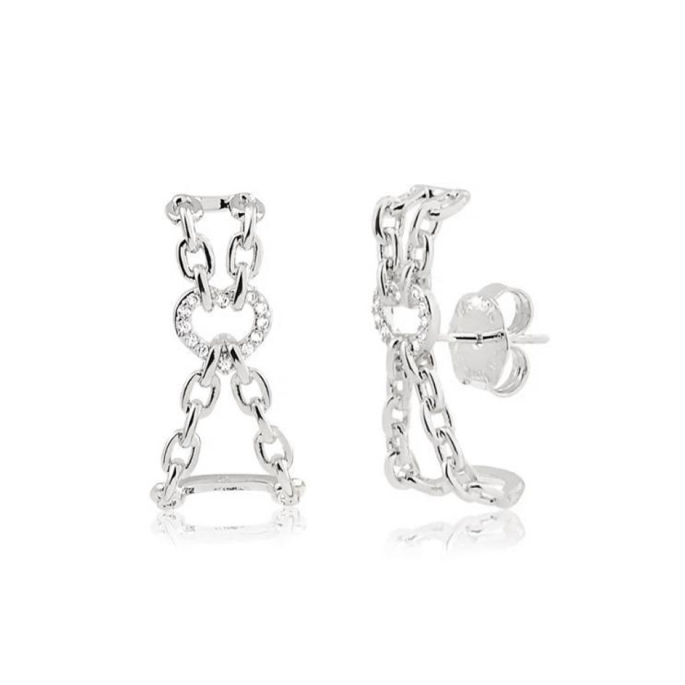 Brinco earhook com elos e coração cravejado com zircônia na cor prata ródio branco 