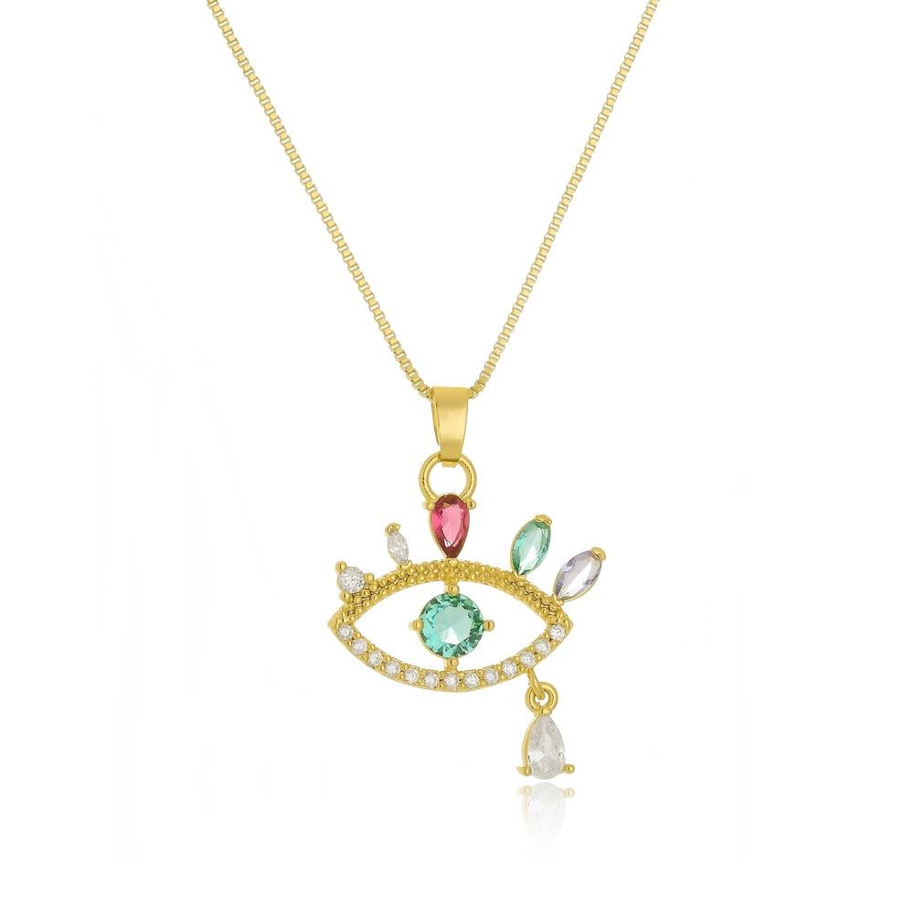 Colar de olho grego com zircônia colorida cravejado folheado a ouro 18k 