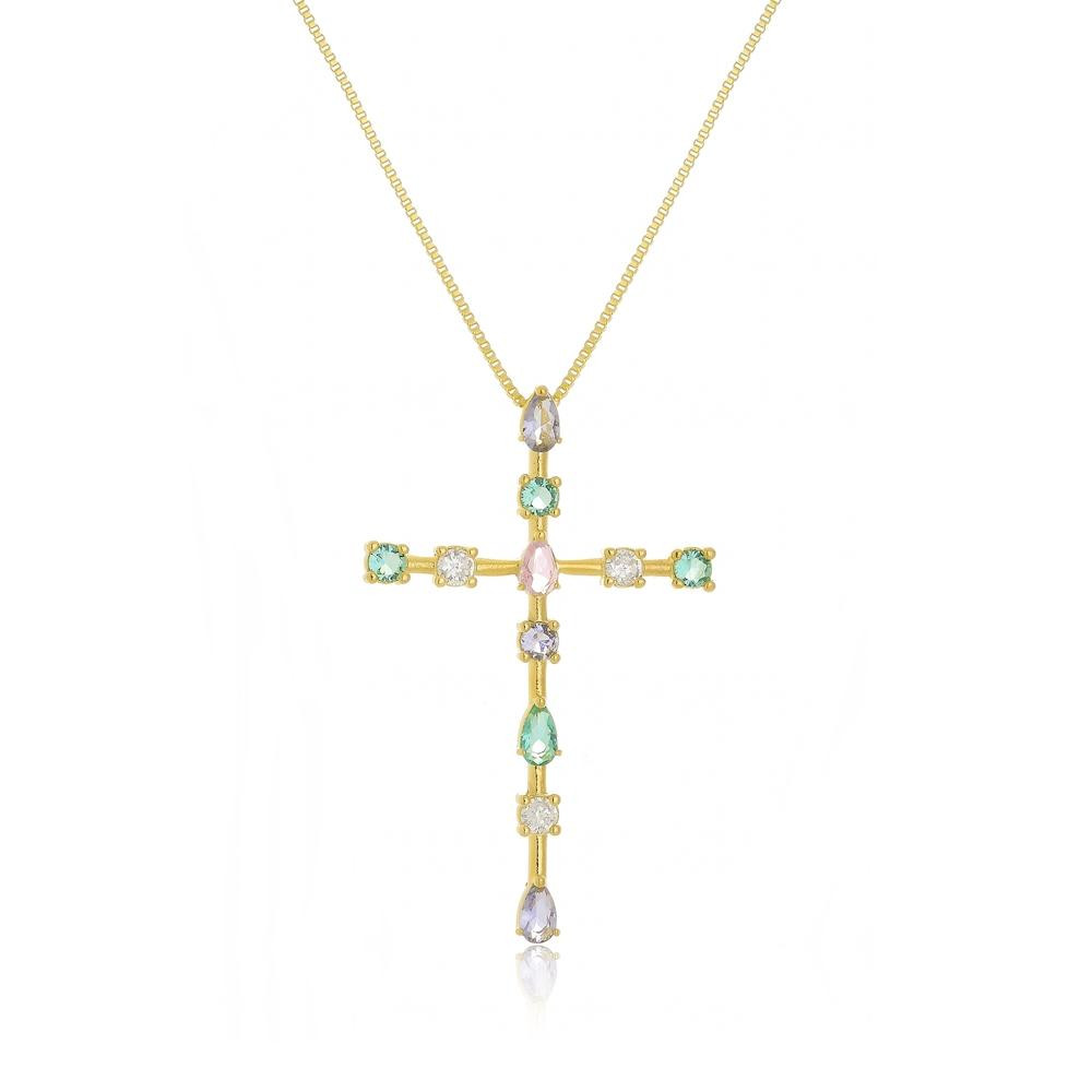 Colar com pingente de cruz com cristais coloridos folheado a ouro 18k 
