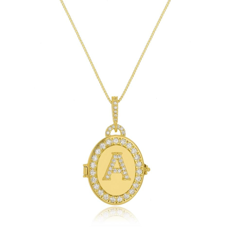 Colar relicário personalizado cravejado com zircônia cristal banhado a ouro 18k
