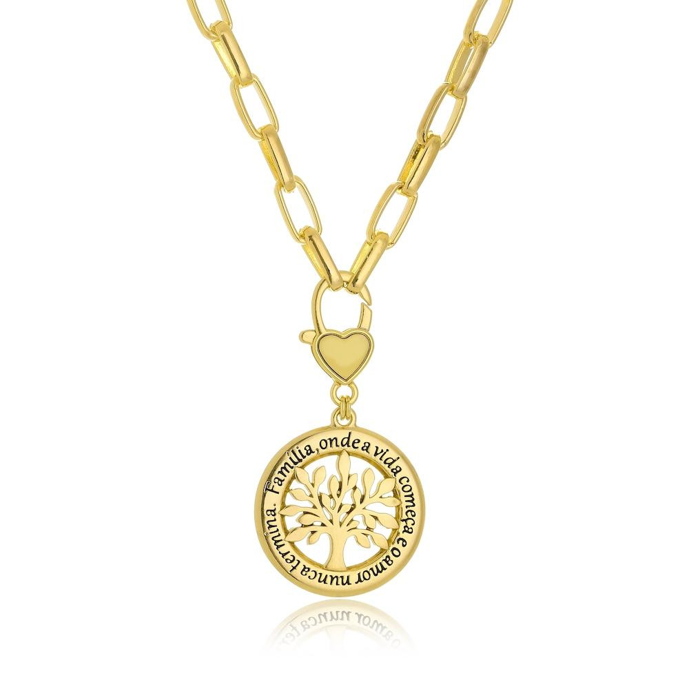 Colar com elo retangular e pingente de árvore da vida  folheado a ouro 18k