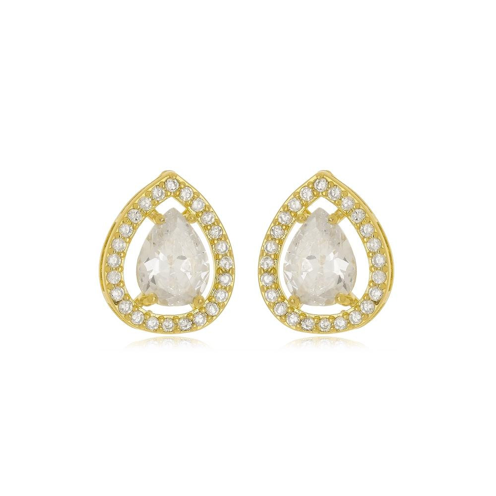 Brinco Fernanda de gota cravejado banhado a ouro 18k 