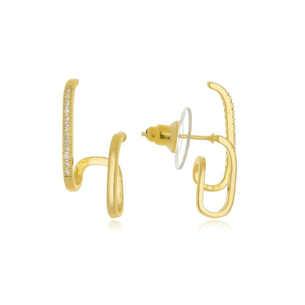 Brinco minimalista earhook cravejado com zircônia banhado a ouro 18k 