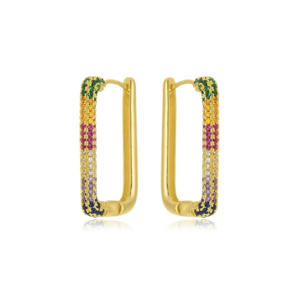 Argola com formato quadrado cravejada com zircônia colorida folheada a ouro 18k