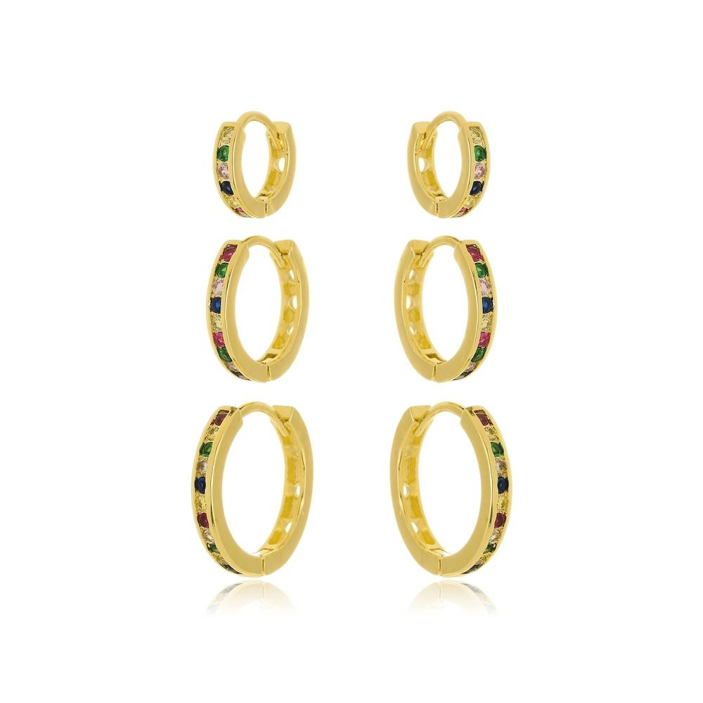 Trio de argola cravejada com zircônia colorida folheada a ouro 18k