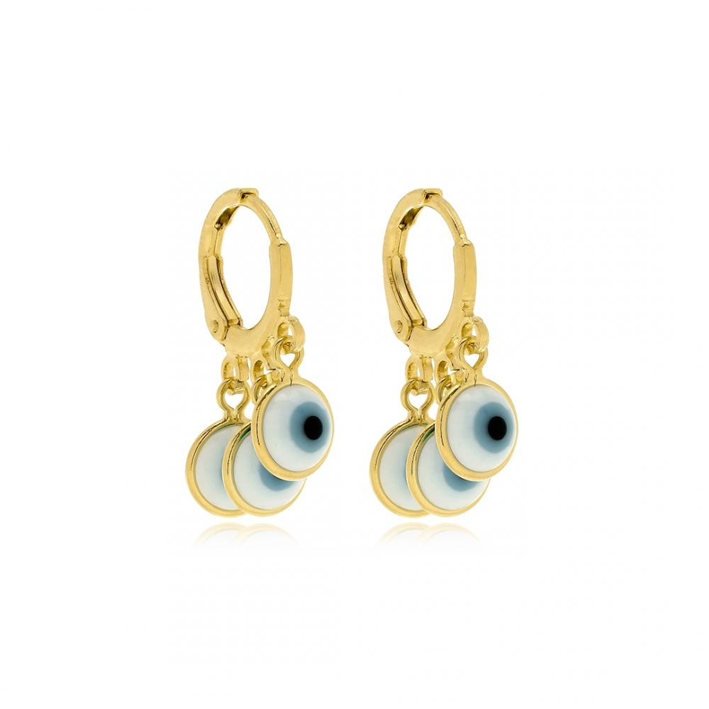 Brinco de argola click com pingentes de olho grego banhado a ouro 18k