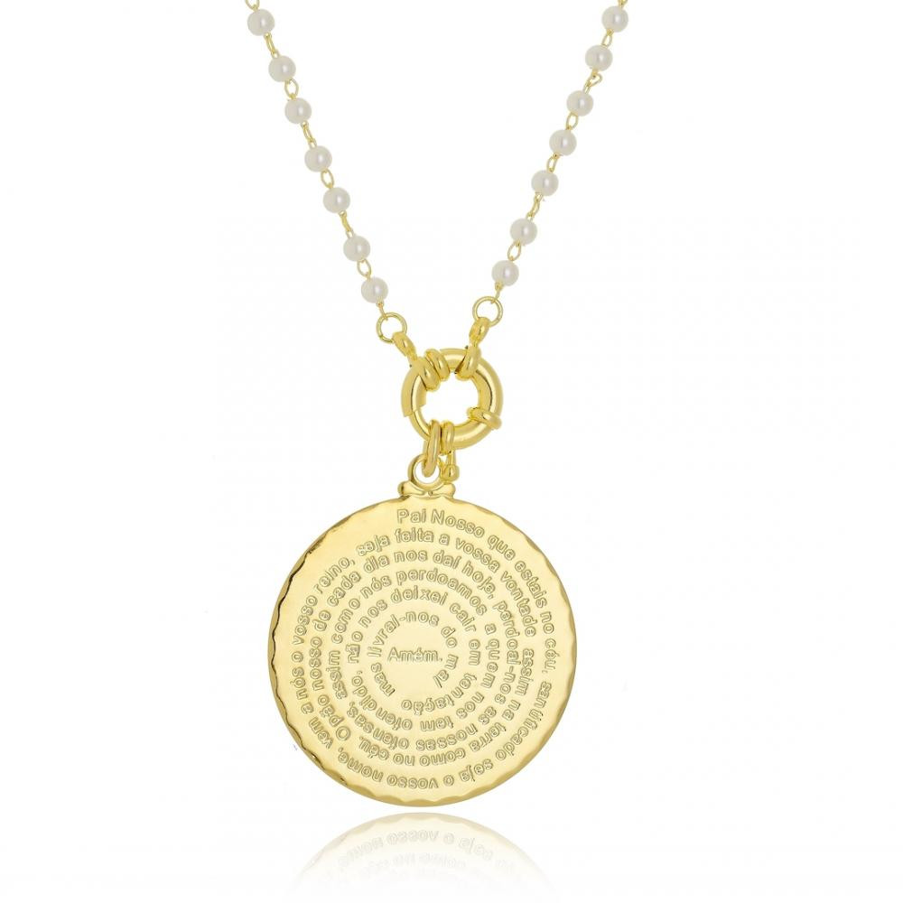 Colar com corrente de pérola e pingente do pai nosso folheado a ouro 18k 