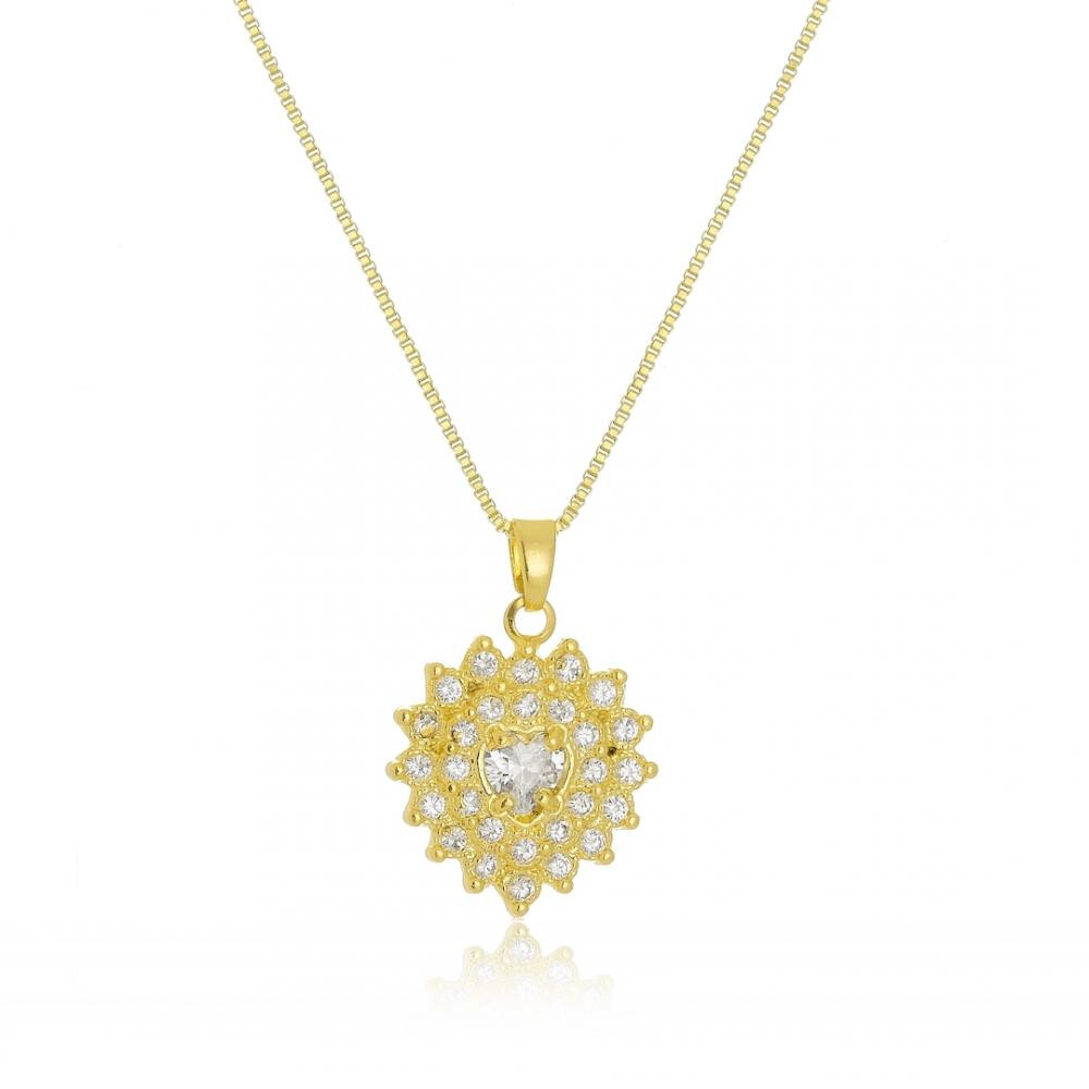 Colar com pingente de coração cravejado com zircônia folheado a ouro 18k