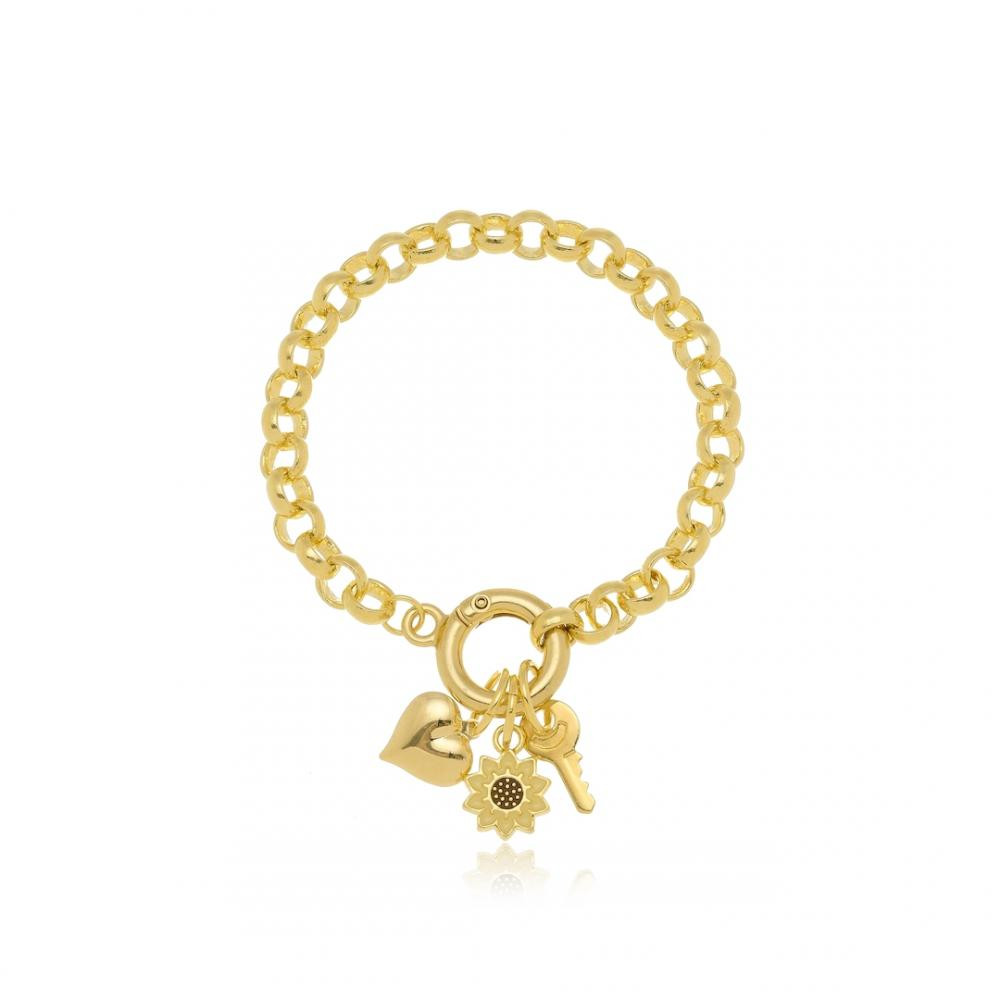 Pulseira com corrente de elo português e pingentes diversos banhada a ouro 18k