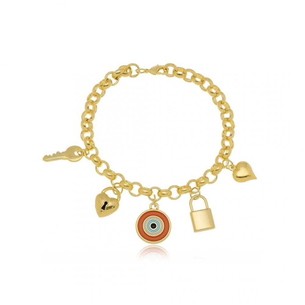 Pulseira  com corrente de elo português e pingentes diversos banhada a ouro 18k