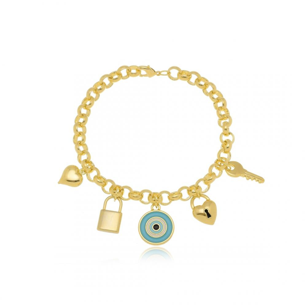 Pulseira com corrente de elo português e pingente variados banhada a ouro 18k 