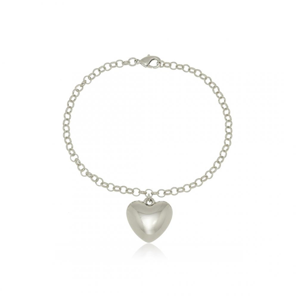Pulseira  com corrente de elo português e pingente de coração liso na cor ródio branco prata 