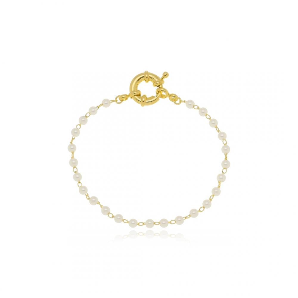 Pulseira com corrente de pérola e fecho de boia banhada a ouro 18k 