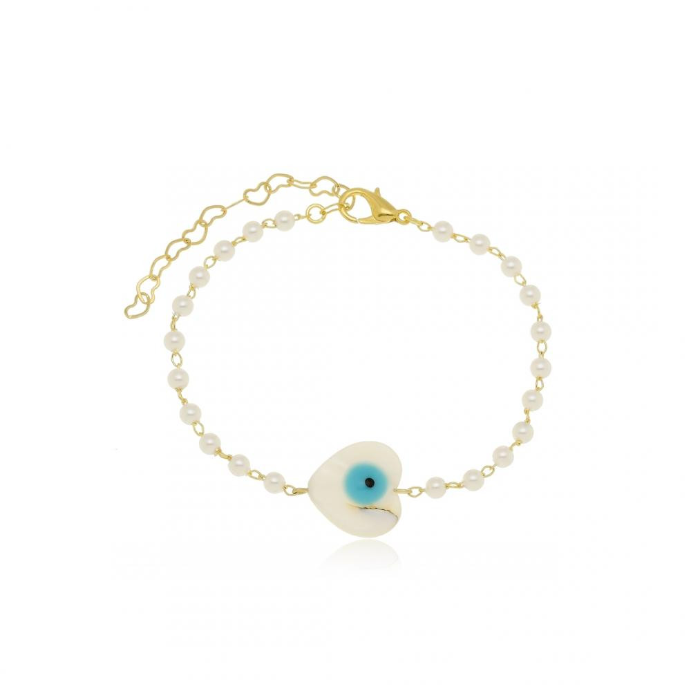 Pulseira de pérola e pingente de coração de madrepérola com olho grego banhada a ouro 18k  