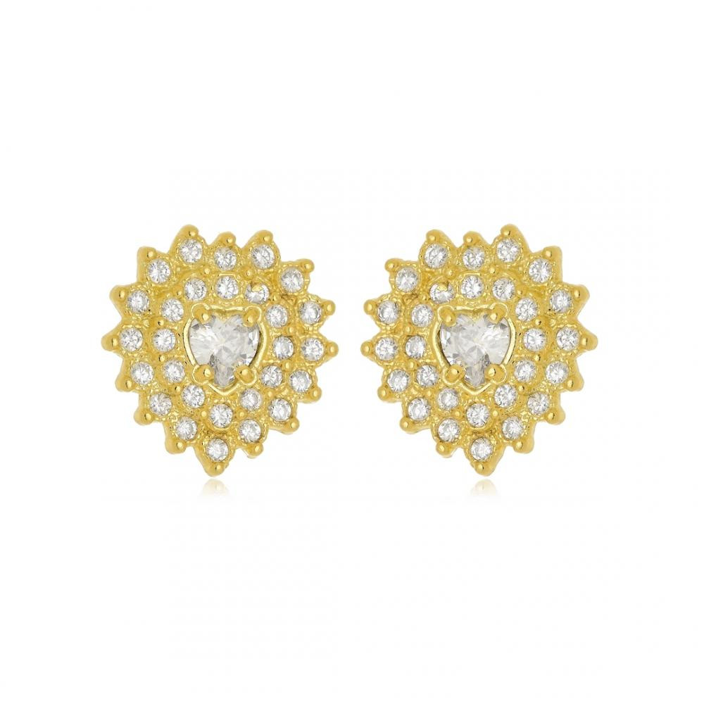 Brinco de coração cravejado com zircônia folheado a ouro 18k