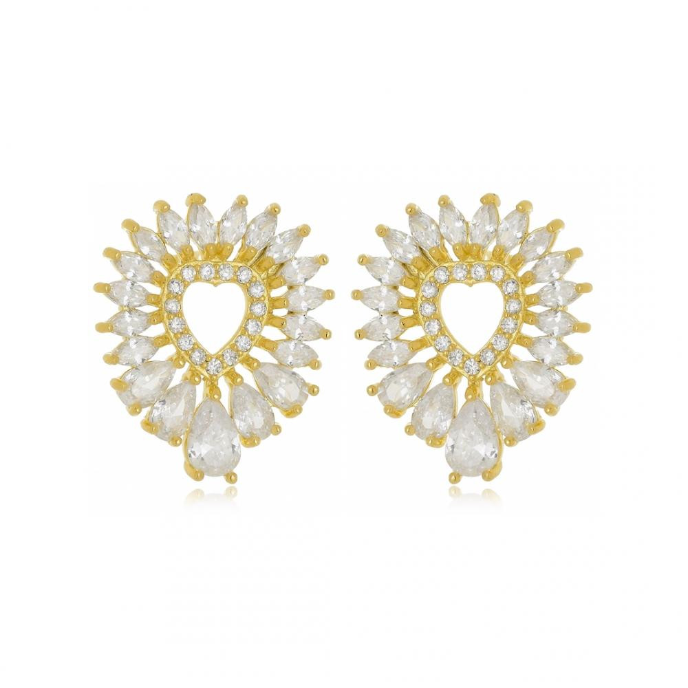 Brinco de coração cravejado com zircônia folheado a ouro 18k