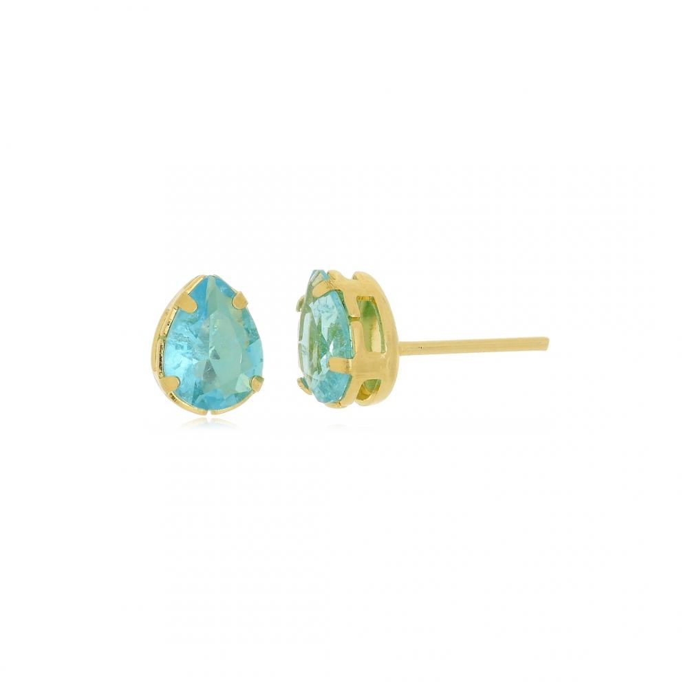 Brinco de gota cravejado com zircônia na cor azul fusion banhado a ouro 18k 