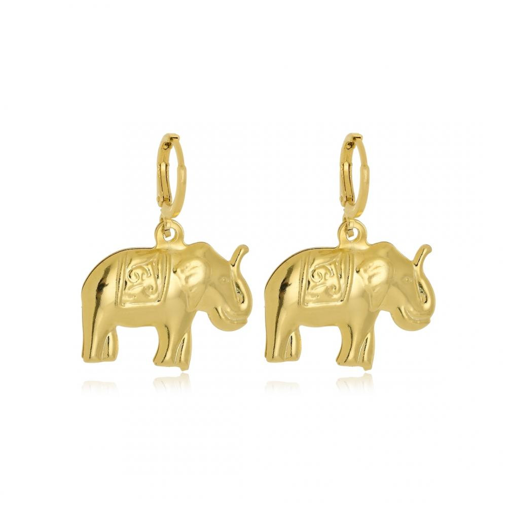 Brinco argola click com pingente de elefante folheado a ouro 18k