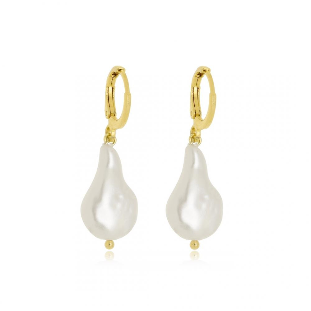 Brinco argola click com pingente de madrepérola em forma de gota folheado a ouro 18k 
