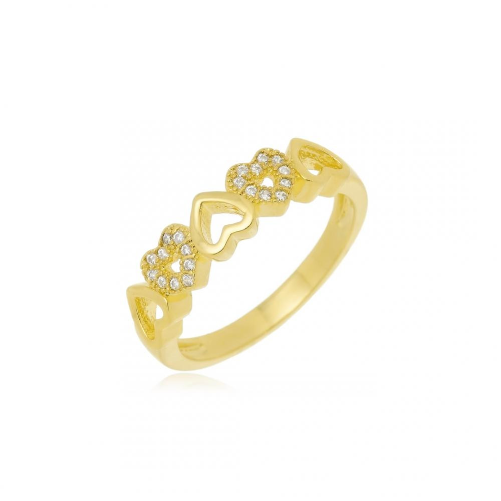 Anel com corações cravejado com zircônia folheado a ouro 18k