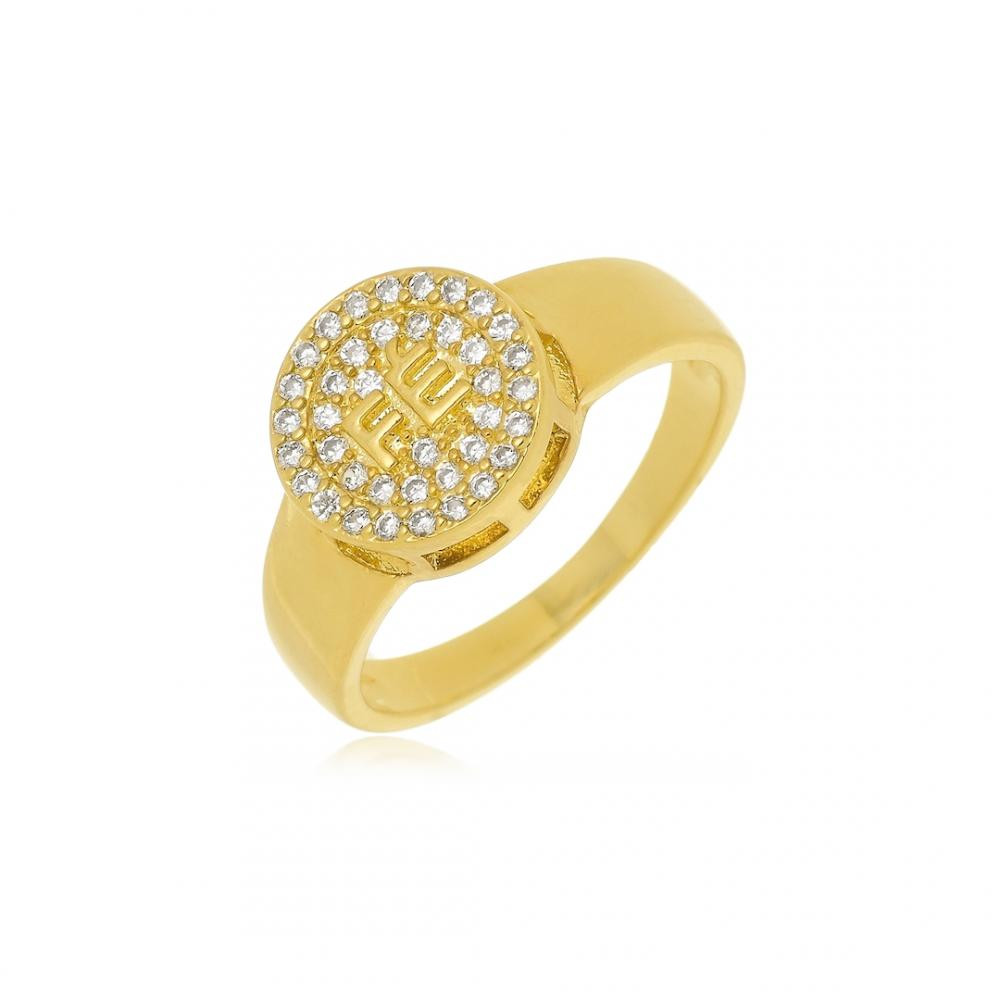 Anel redondo com a escrita fé cravejado com zircônia banhado  a ouro 18k