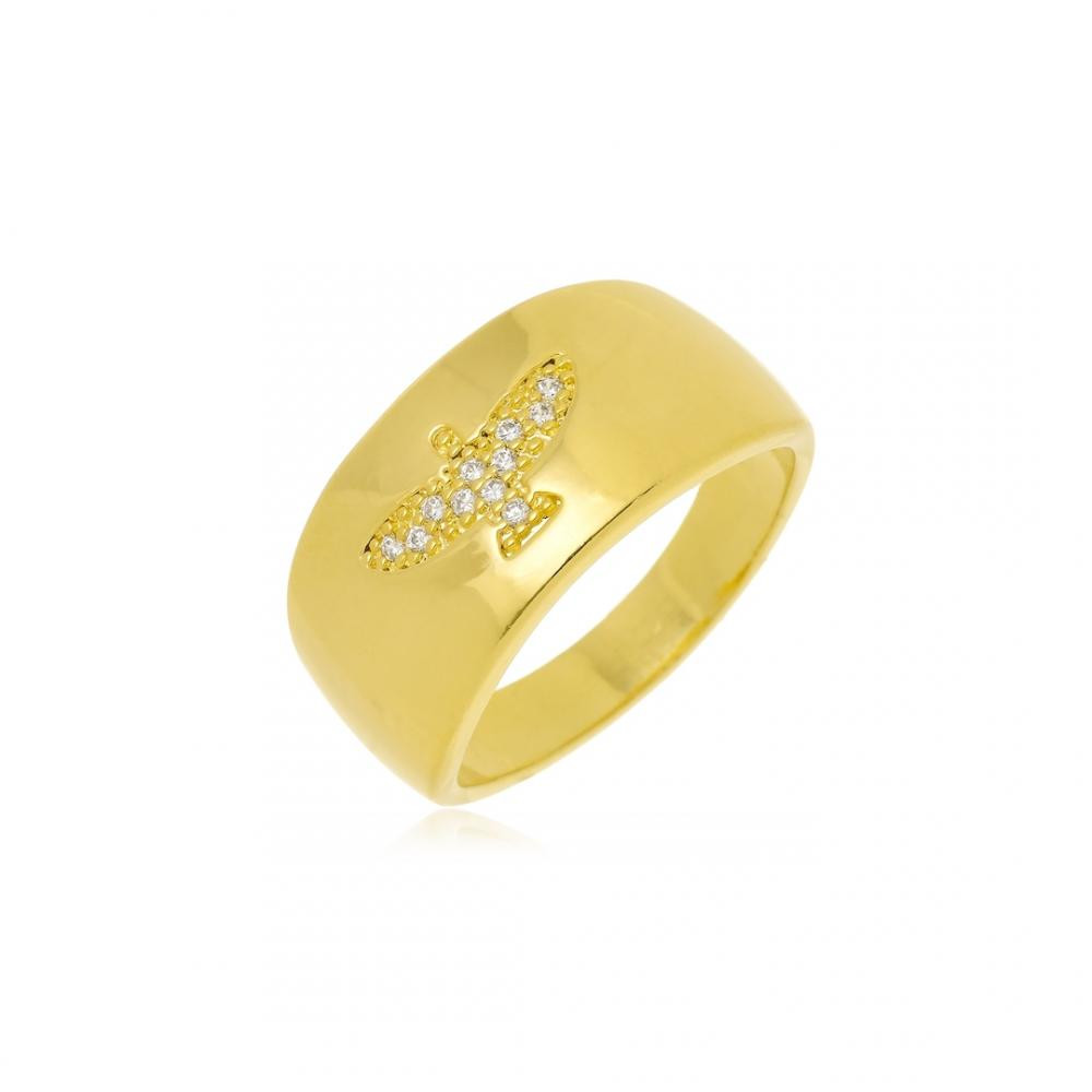 Anel Espirito Santo cravejado com zircônia banhado  a ouro 18k