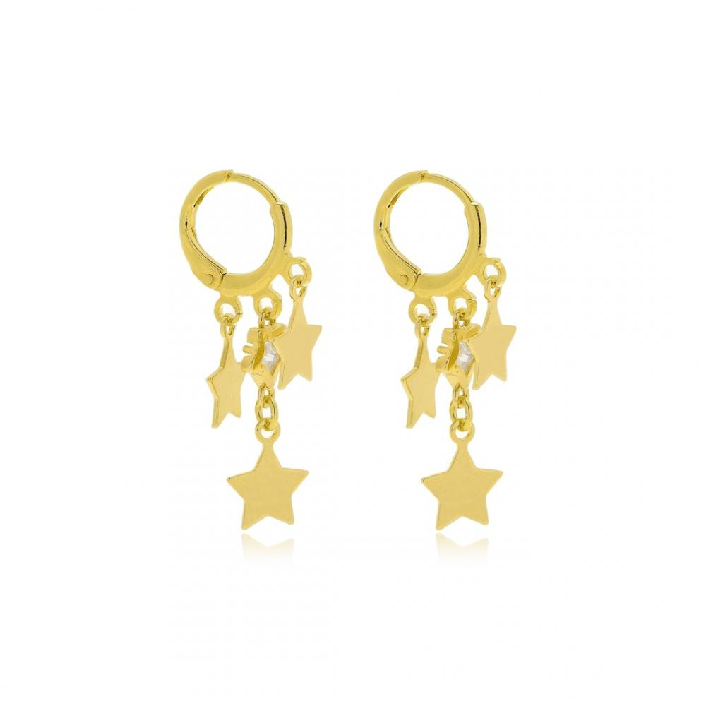 Brinco argola click com pingentes de estrelas e ponto de luz folheado a ouro 18k 