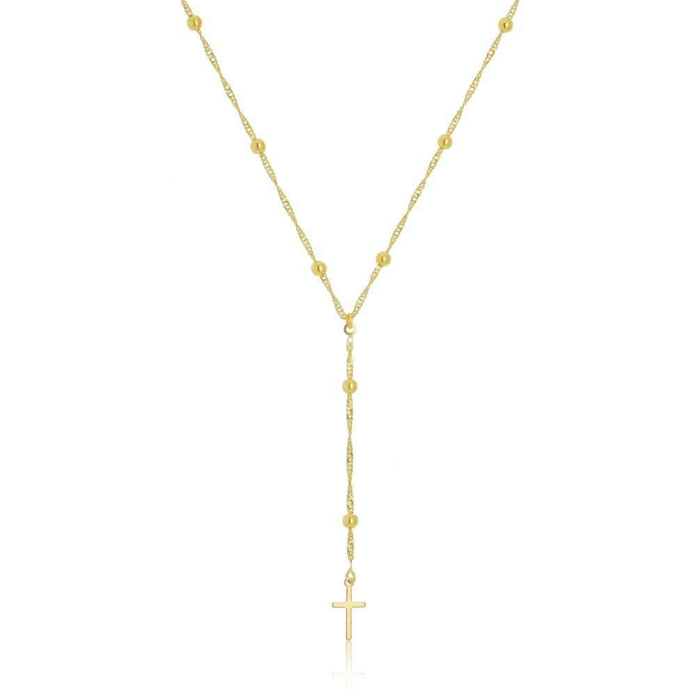 Colar Terço gravata com pingente de cruz e micro bolas banhado  a ouro 18k
