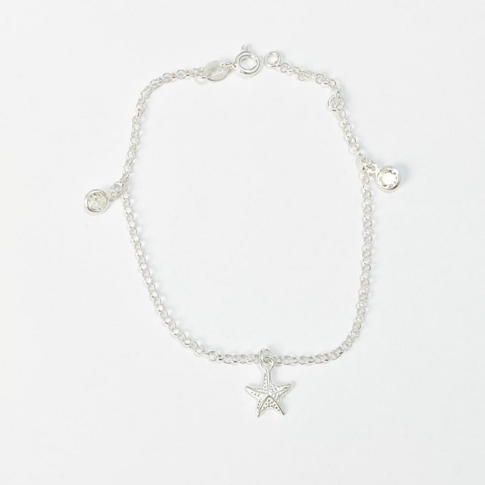  Pulseira com zircônia cristal e pingente de estrela do mar de prata 925
