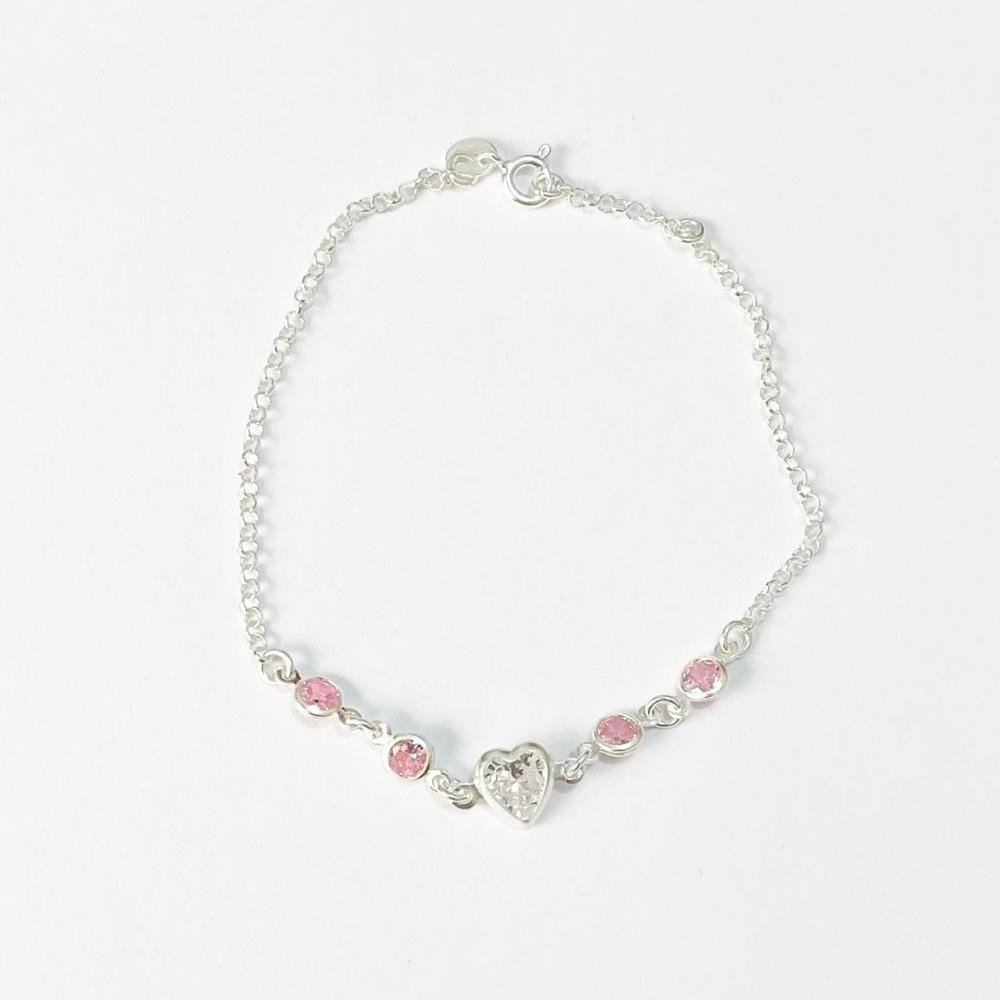  Pulseira com zircônia rosa e pingente de coração de prata 925