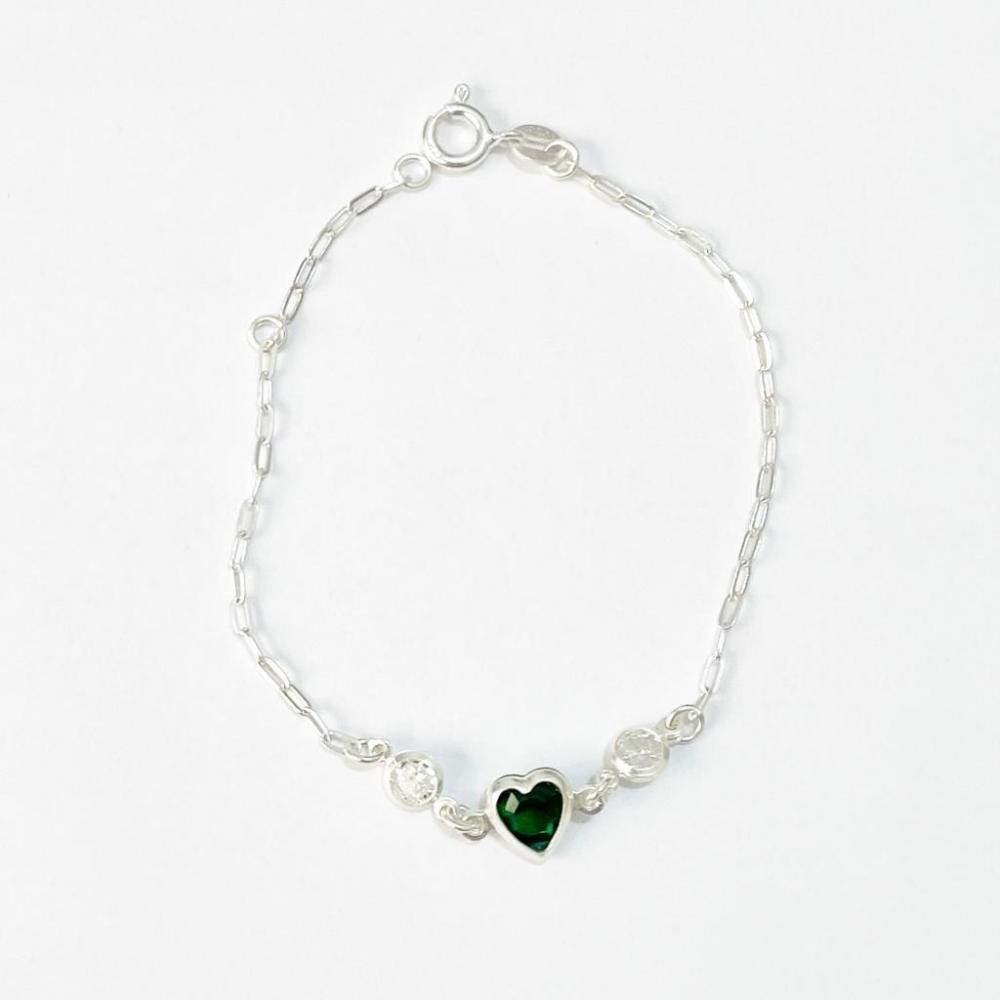  Pulseira com zircônia verde e pingente de coração de prata 925