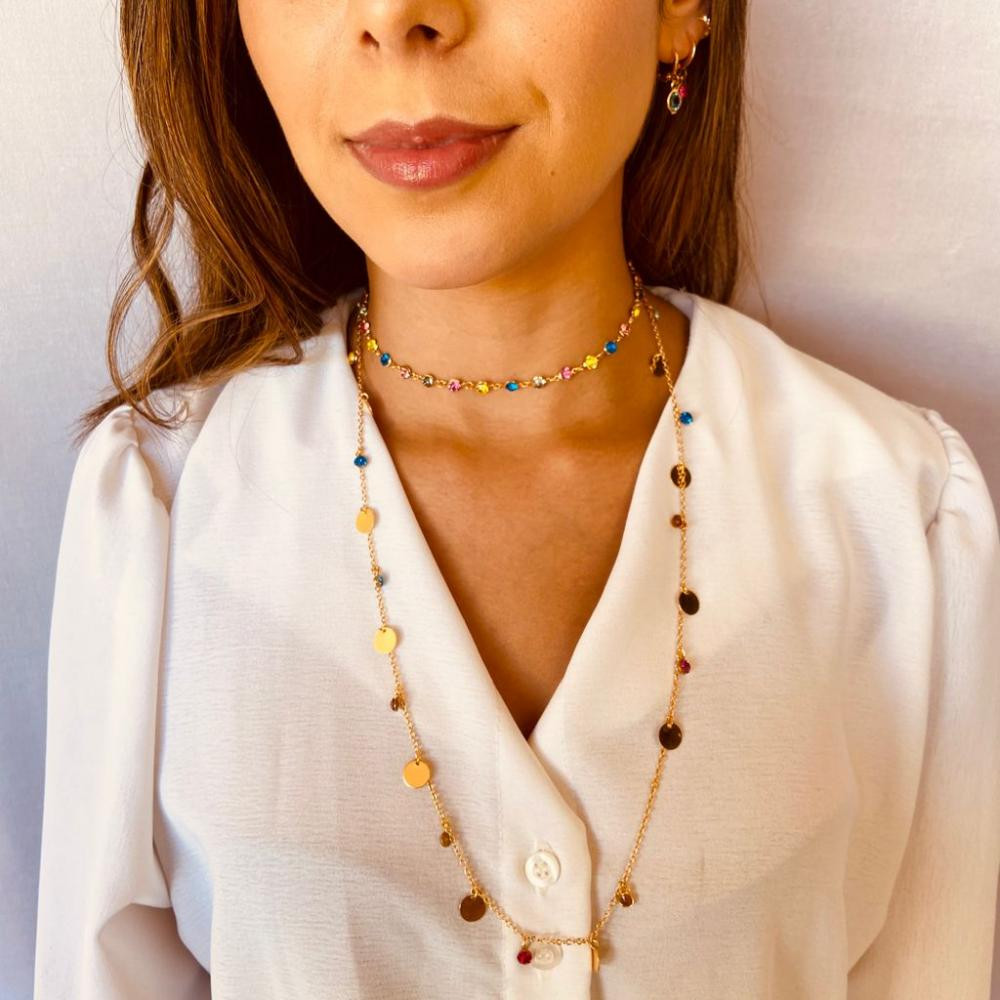  Mix de Colar com pingentes de pontos de luz coloridos e moedas lisas folheado a ouro 18k