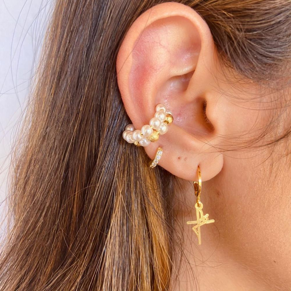  Piercing fake de pressão com mini bolinhas douradas e de pérola folheado a ouro 18k 