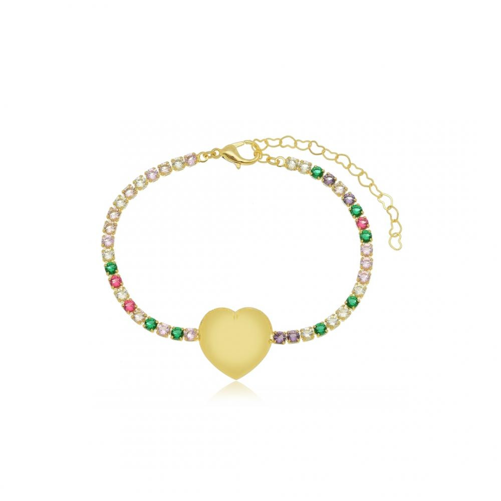 Pulseira riviera colorida com pingente de coração banhada a ouro 18k 
