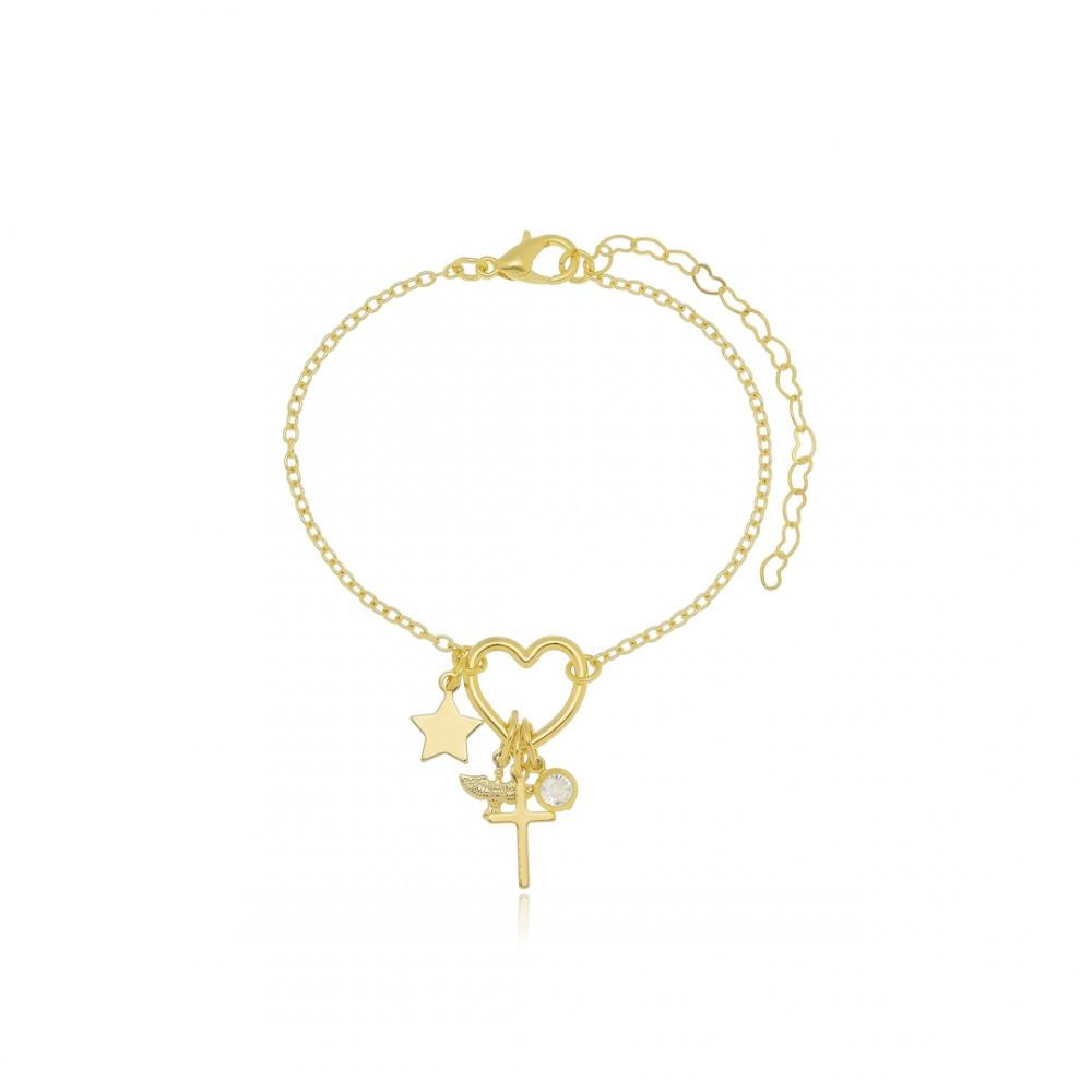 Pulseira de coração com pingentes diversos banhada a ouro 18k 